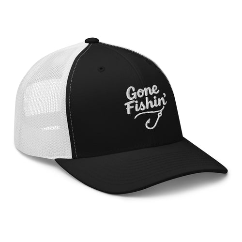 Side view of Gone Fishing black and white trucker hat