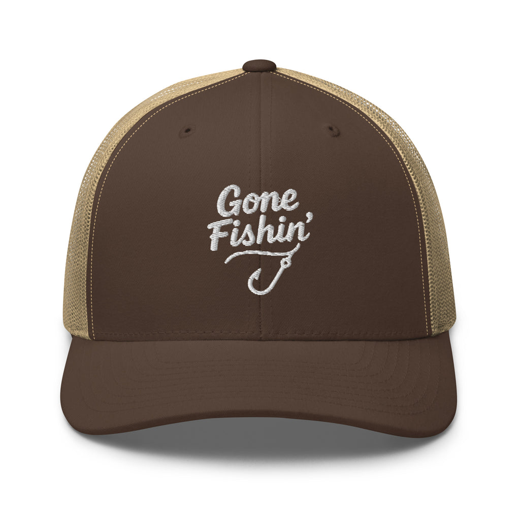 Gone Fishing embroidered brown and khaki trucker hat front view