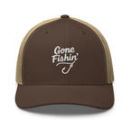 Gone Fishing embroidered brown and khaki trucker hat front view