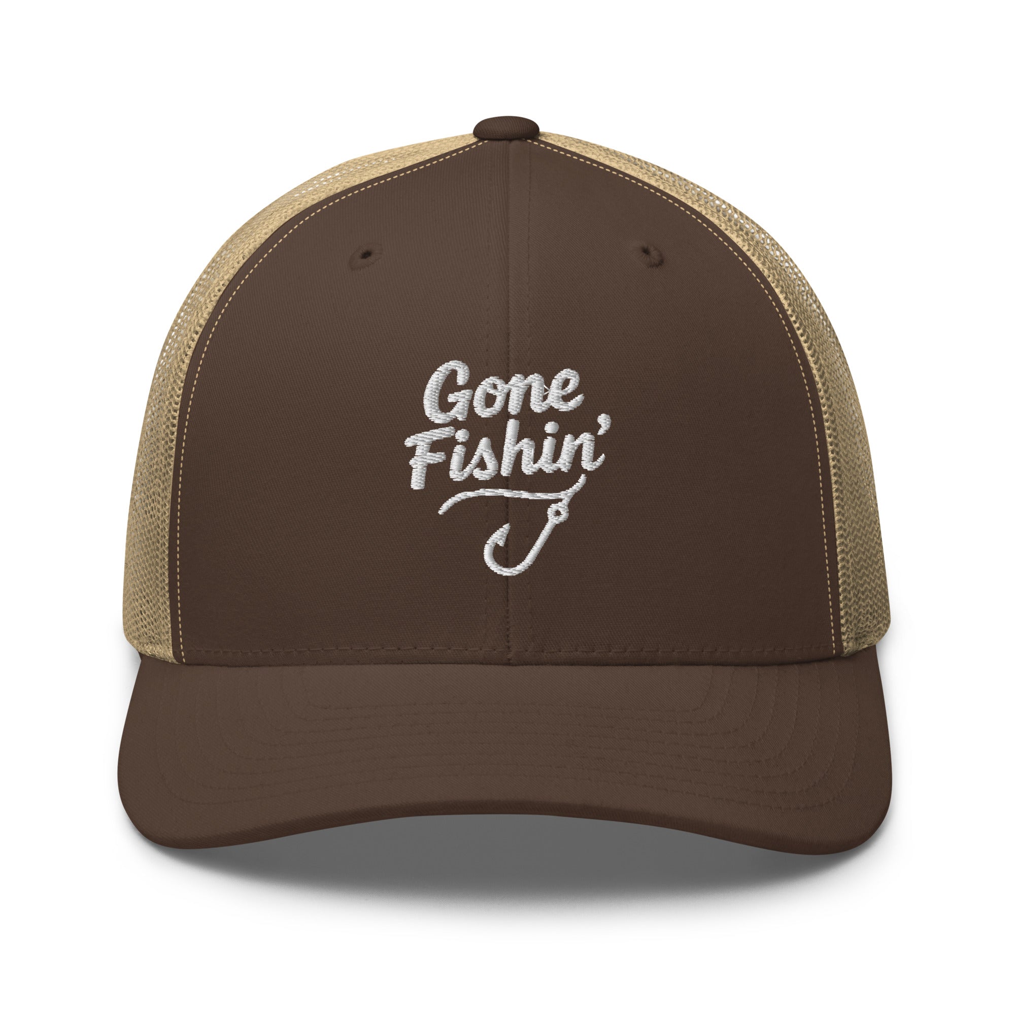 Gone Fishing embroidered brown and khaki trucker hat front view