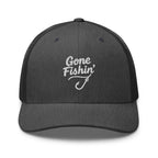 Gone Fishing embroidered dark gray heather trucker hat front view