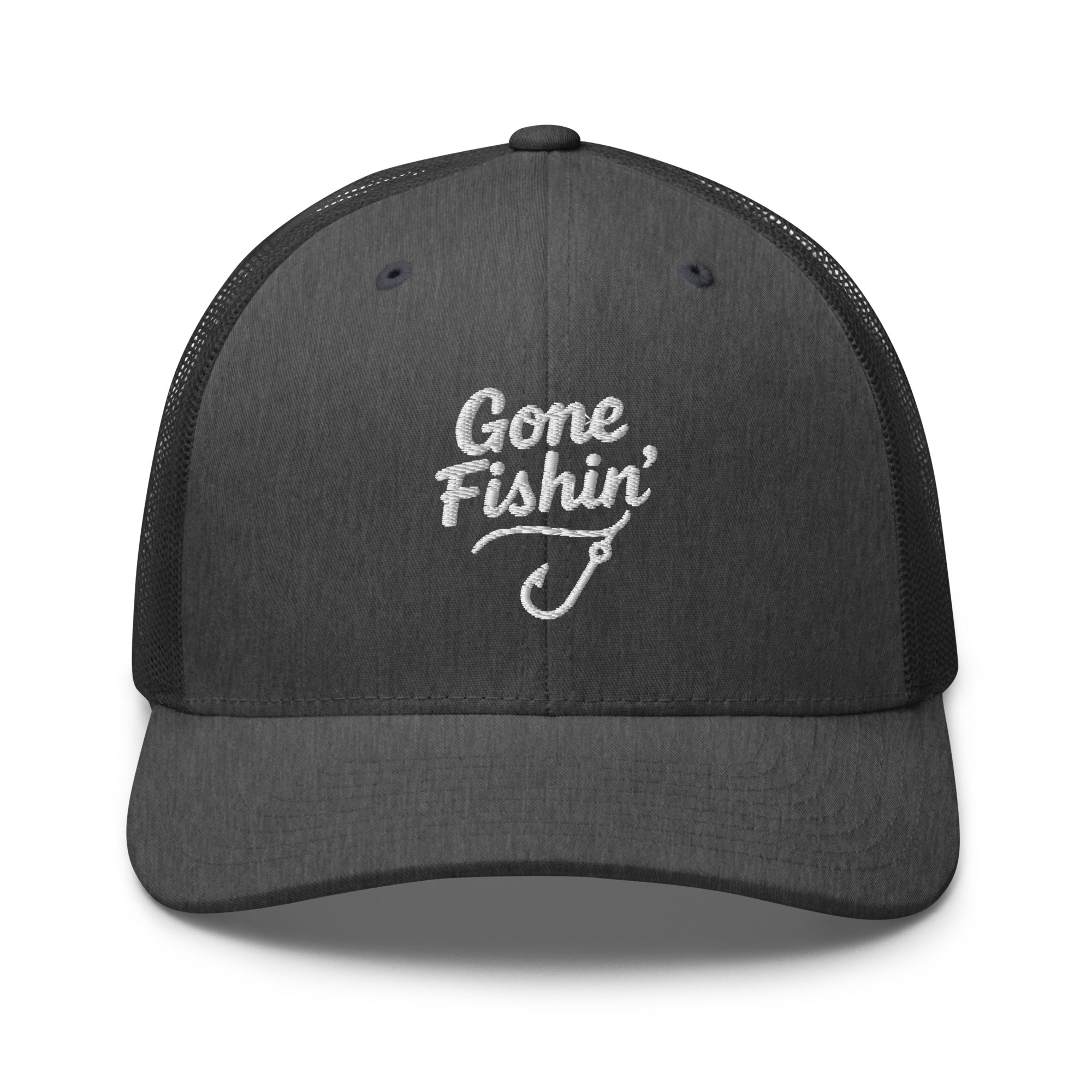Gone Fishing embroidered dark gray heather trucker hat front view