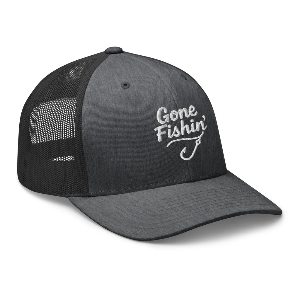 Side view of Gone Fishing dark gray heather trucker hat
