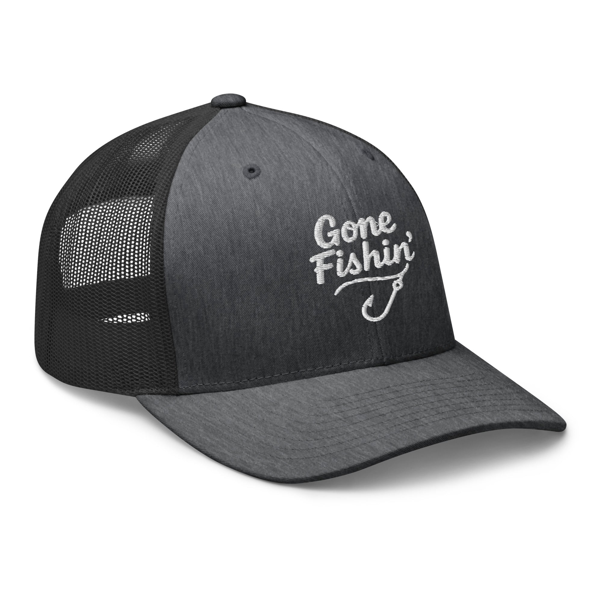 Side view of Gone Fishing dark gray heather trucker hat