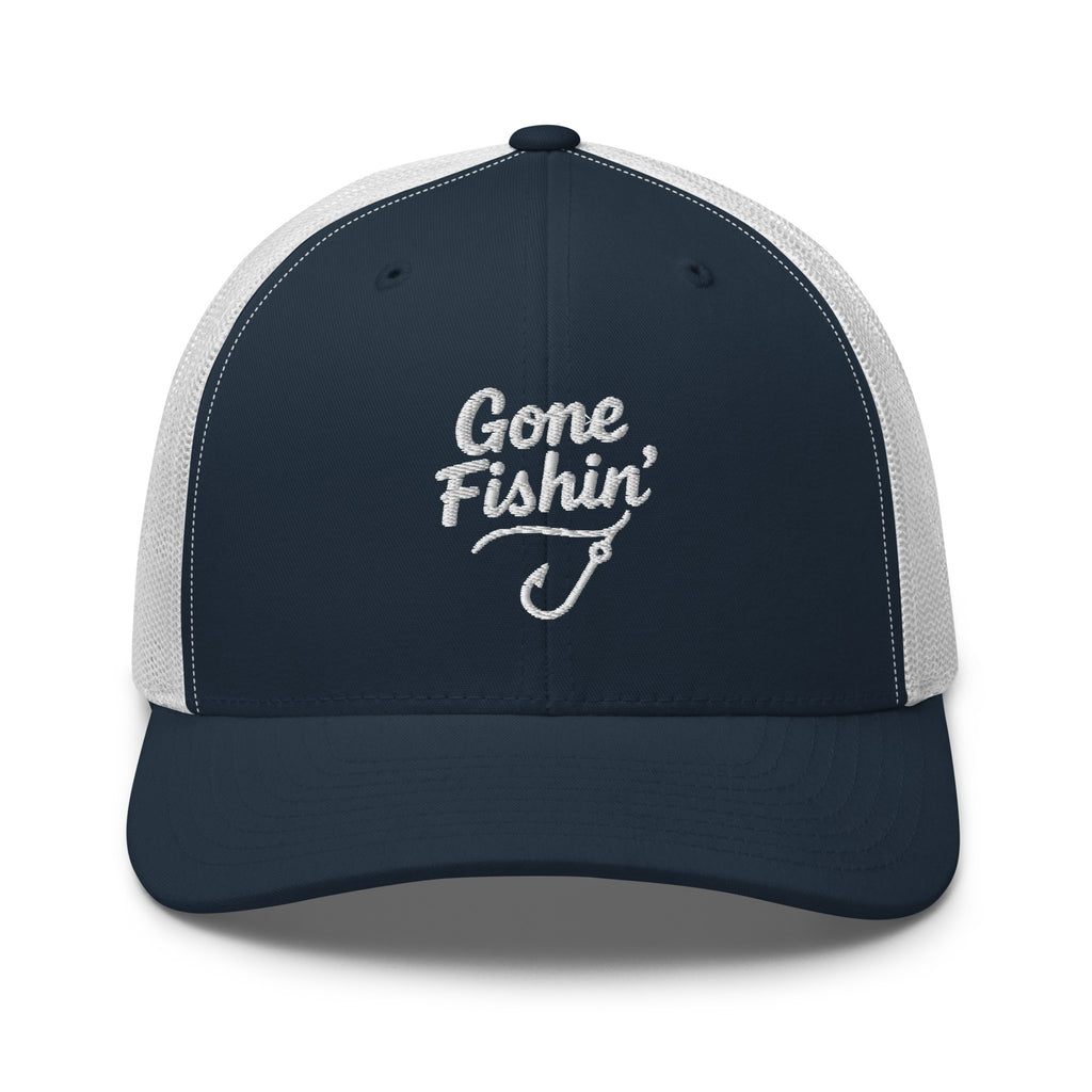 Gone Fishing embroidered navy and white trucker hat front view