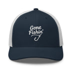 Gone Fishing embroidered navy and white trucker hat front view