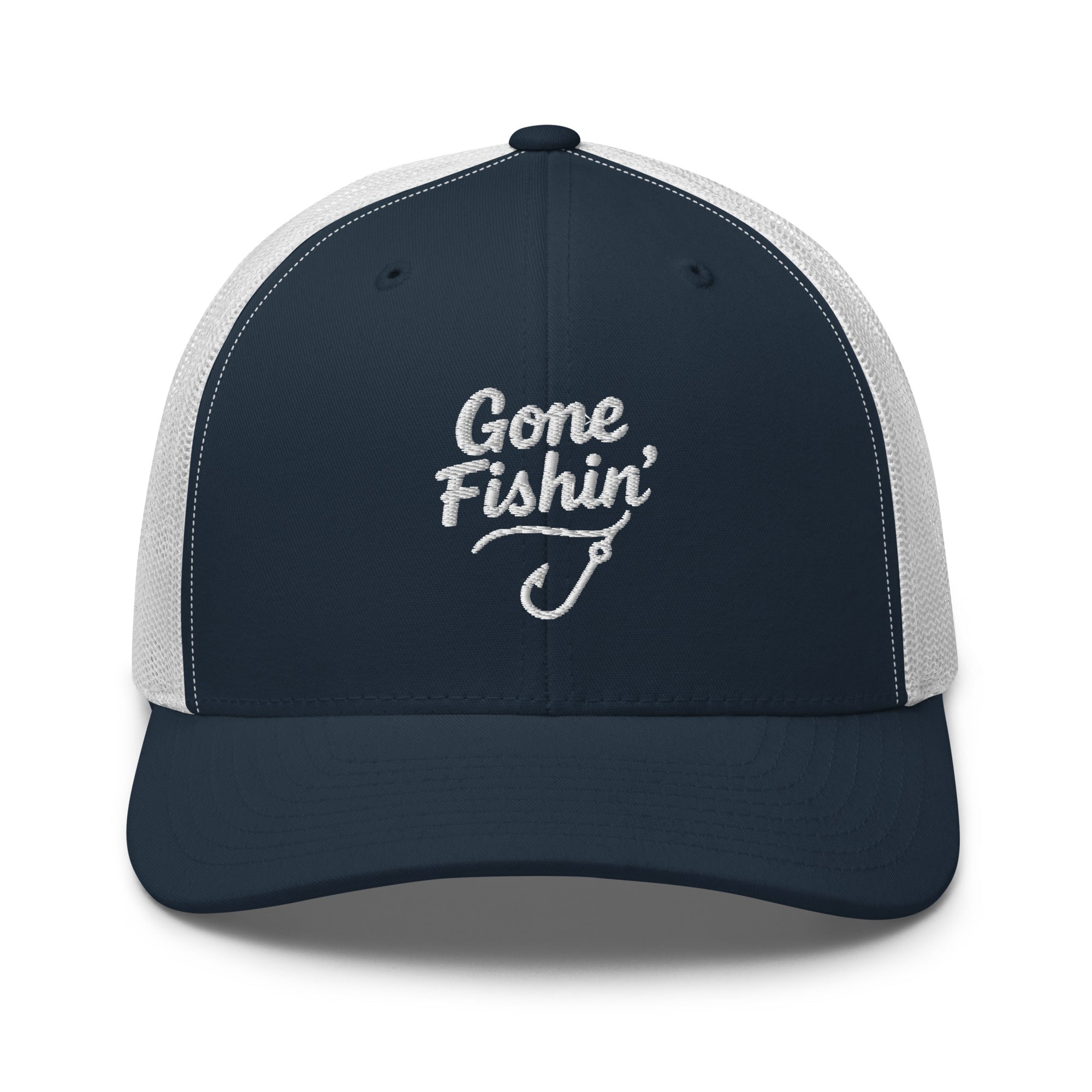 Gone Fishing embroidered navy and white trucker hat front view