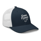 Side view of Gone Fishing navy and white trucker hat