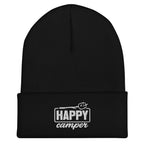Black Happy Camper embroidered cuffed beanie for winter camping and outdoor cold weather wear