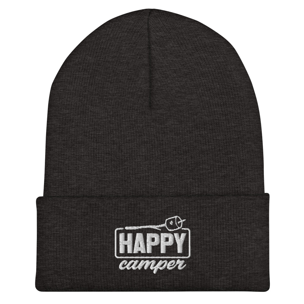Dark gray Happy Camper cuffed beanie warm acrylic knit hat for hiking and winter outdoor use