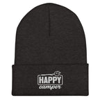Dark gray Happy Camper cuffed beanie warm acrylic knit hat for hiking and winter outdoor use