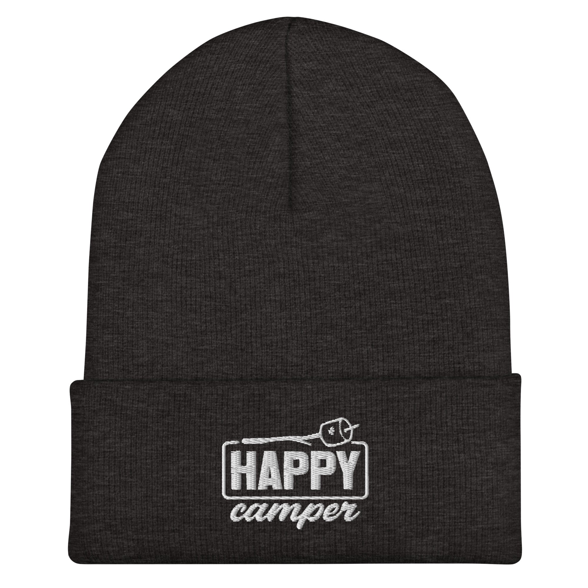Dark gray Happy Camper cuffed beanie warm acrylic knit hat for hiking and winter outdoor use