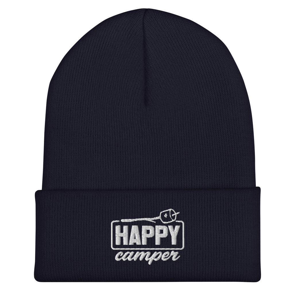 Navy blue Happy Camper winter beanie warm stretch knit hat for camping and outdoor activities