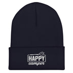 Navy blue Happy Camper winter beanie warm stretch knit hat for camping and outdoor activities