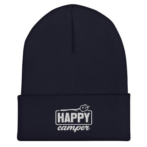 Navy blue Happy Camper winter beanie warm stretch knit hat for camping and outdoor activities