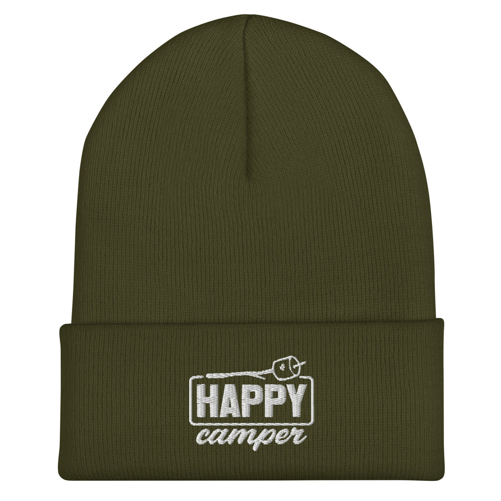 Olive green Happy Camper embroidered beanie warm winter hat for camping and outdoor adventures