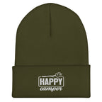 Olive green Happy Camper embroidered beanie warm winter hat for camping and outdoor adventures