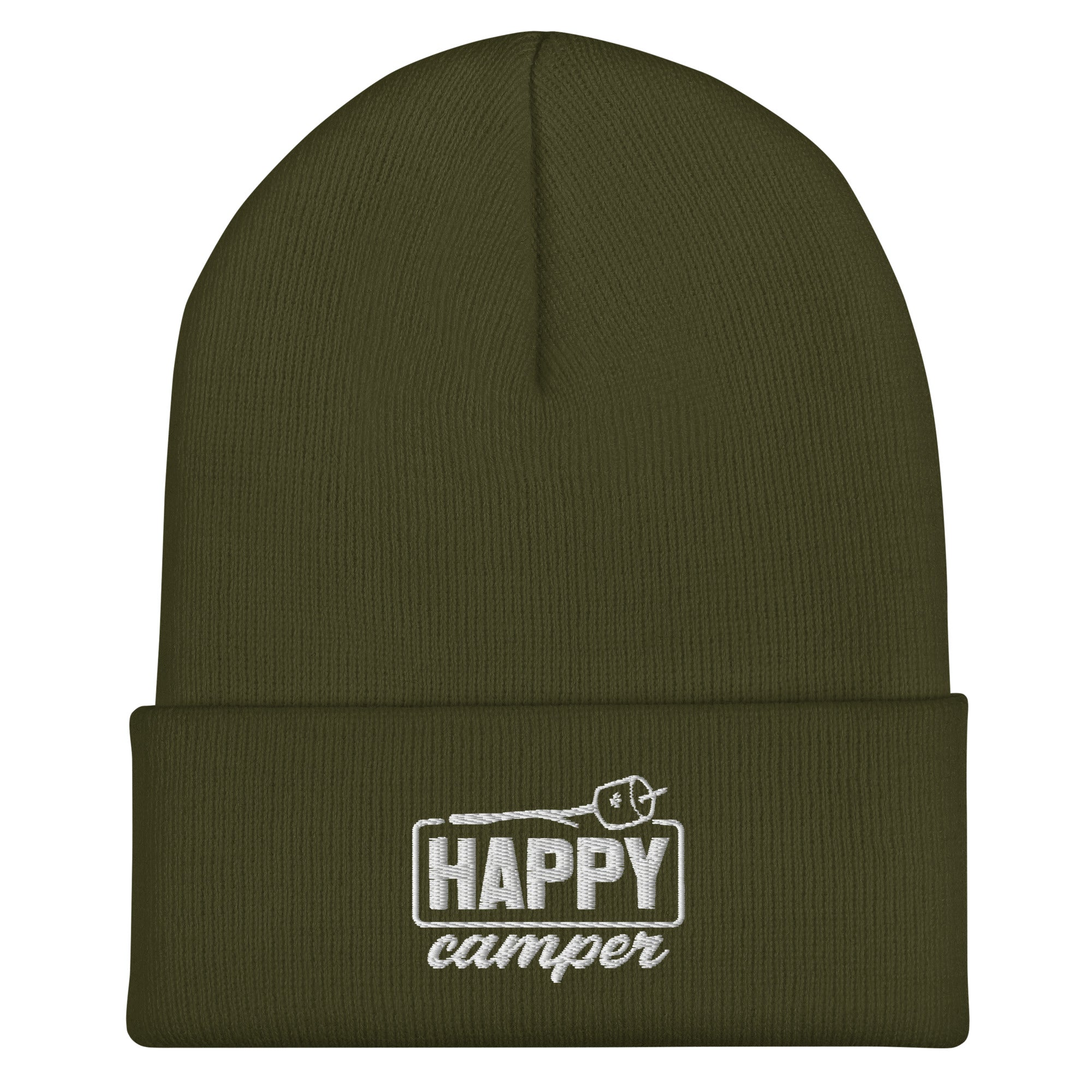 Olive green Happy Camper embroidered beanie warm winter hat for camping and outdoor adventures