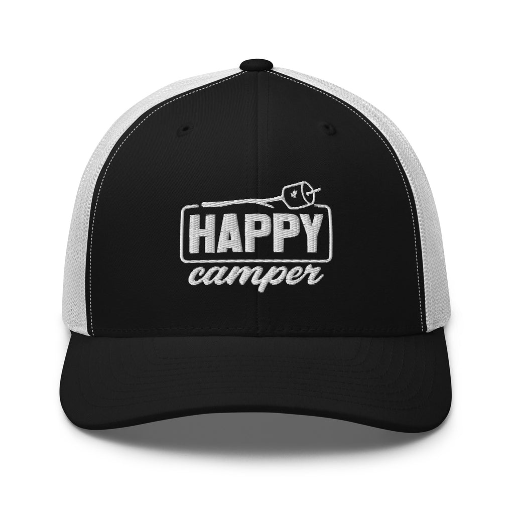 Happy Camper embroidered black and white trucker hat front view