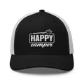 Happy Camper embroidered black and white trucker hat front view