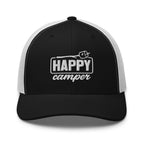 Happy Camper embroidered black and white trucker hat front view