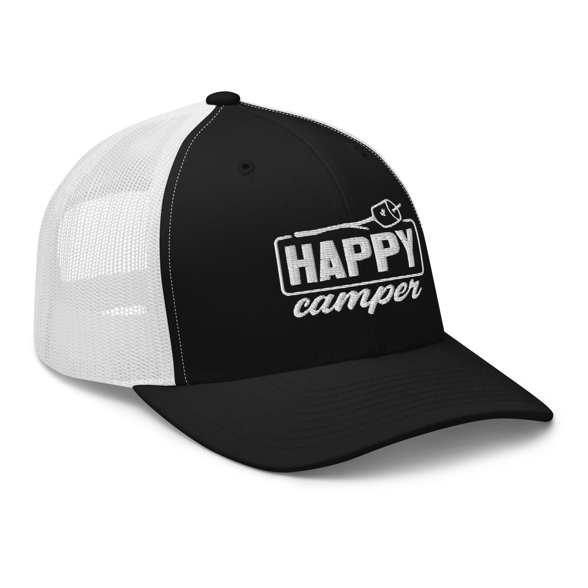 Side view of Happy Camper black and white trucker hat