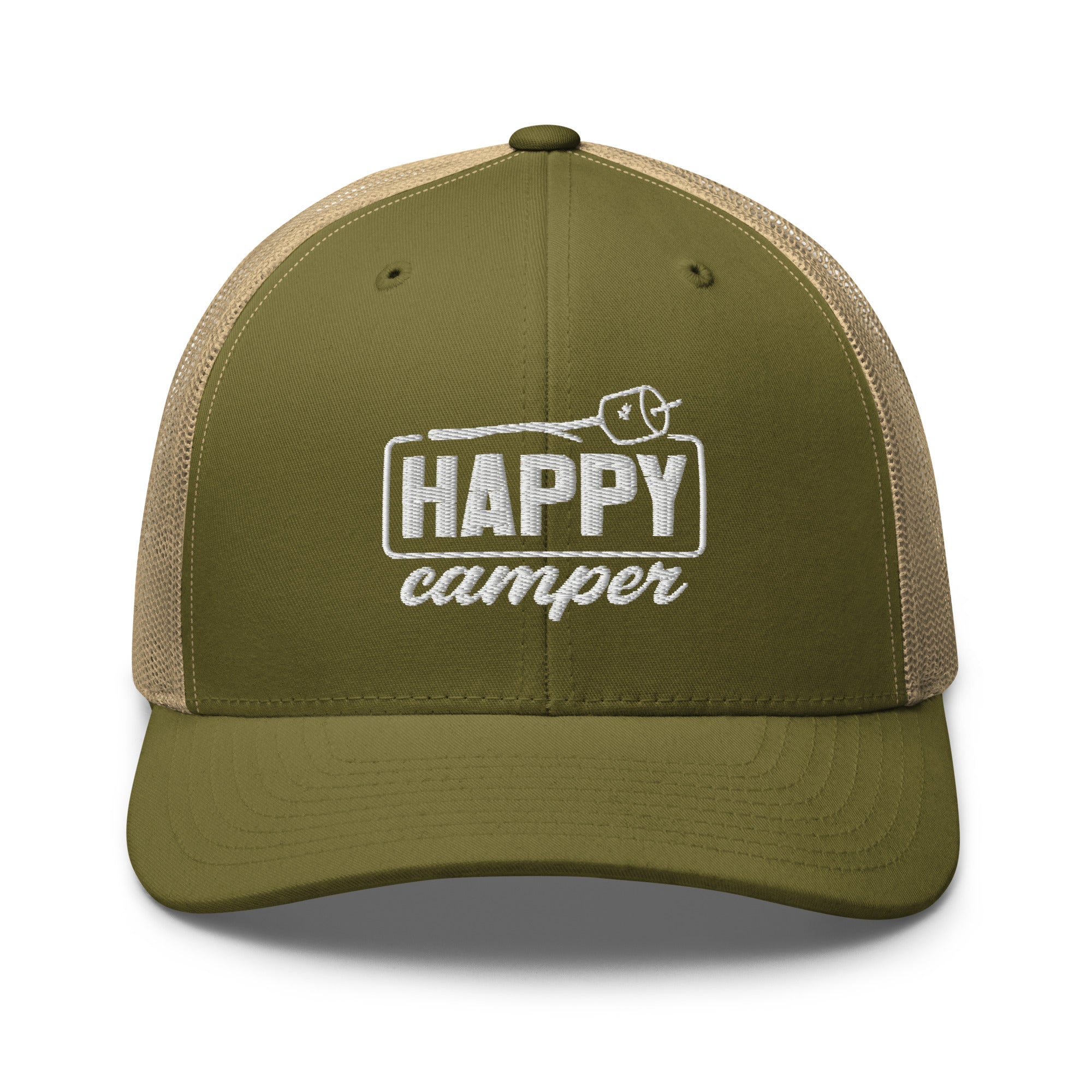 Happy Camper embroidered moss and khaki trucker hat front view