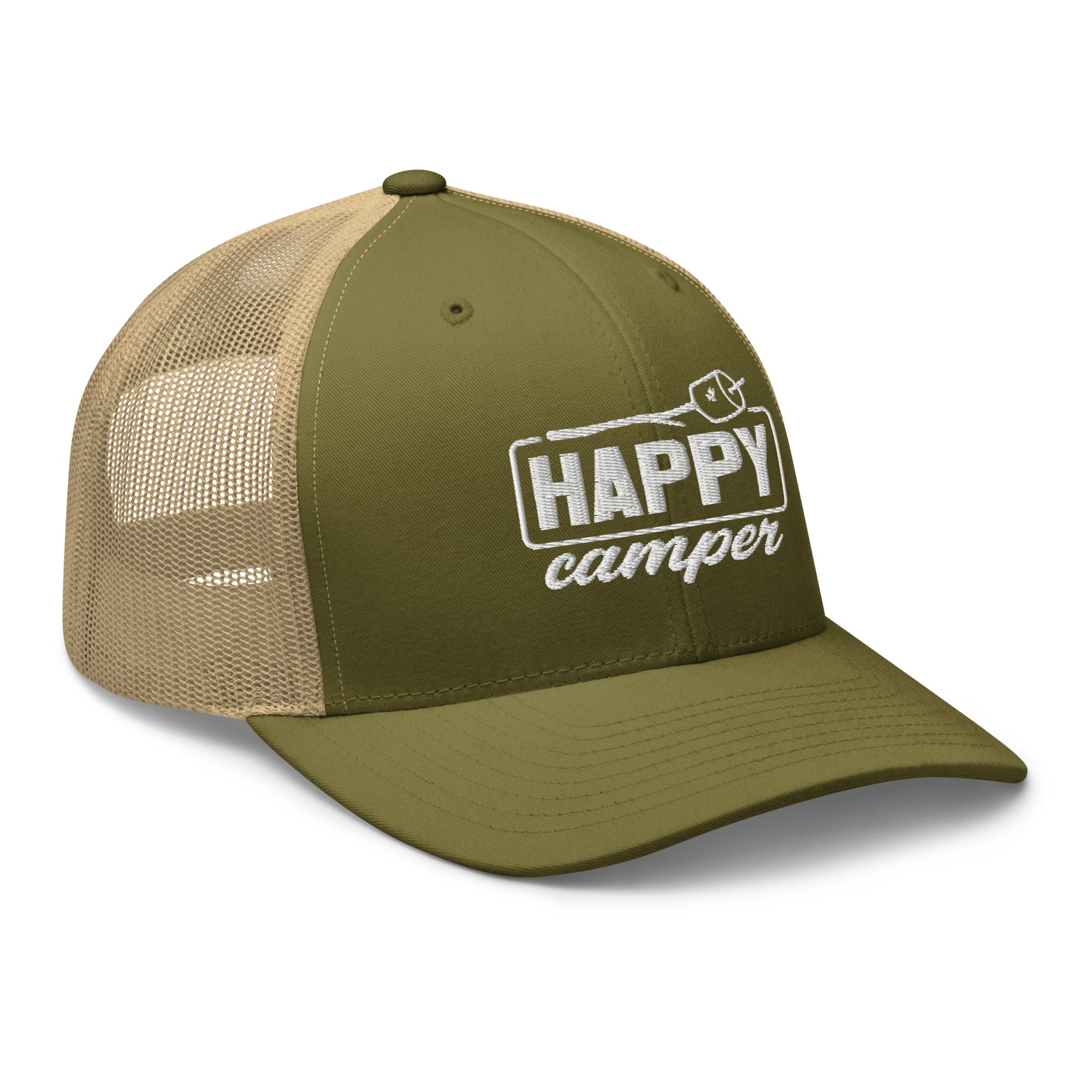 Side view of Happy Camper moss and khaki trucker hat