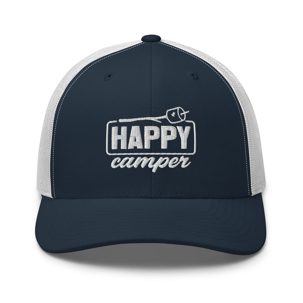 Happy Camper embroidered navy and white trucker hat front view