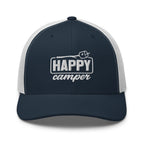 Happy Camper embroidered navy and white trucker hat front view