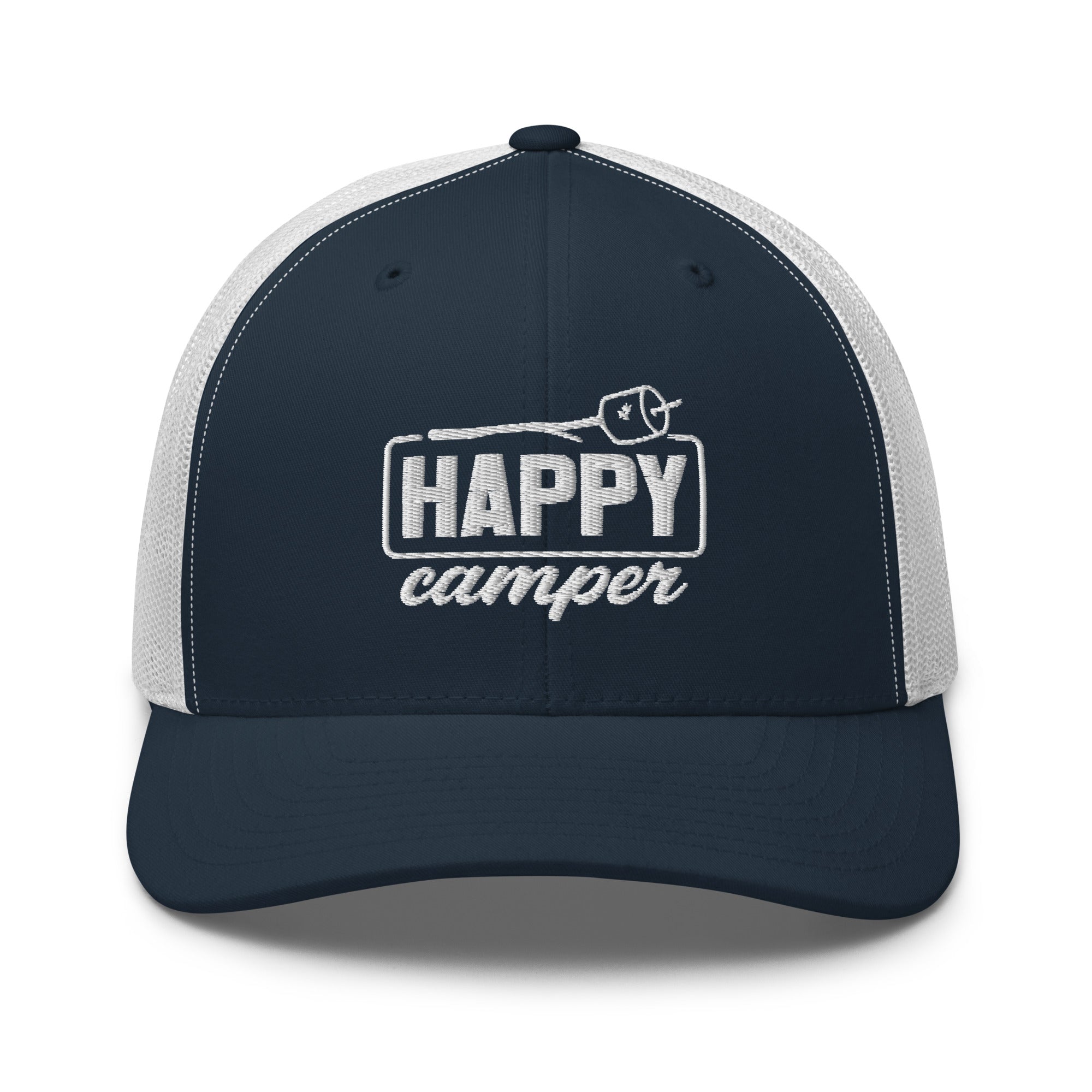 Happy Camper embroidered navy and white trucker hat front view