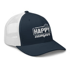Side view of Happy Camper navy and white trucker hat