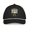 Hiking is just walking where you might die printed black rope hat with white rope front view – funny hiking cap