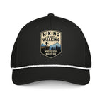 Hiking is just walking where you might die printed black rope hat with white rope front view – funny hiking cap