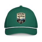 Hiking is just walking where you might die printed kelly green rope hat with white rope front view – funny hiking cap