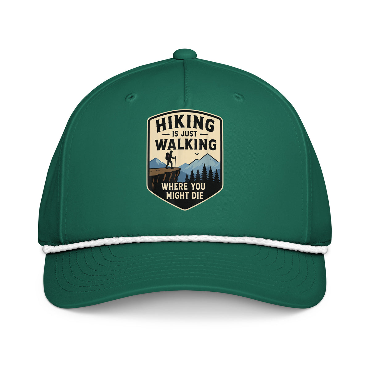 Hiking is just walking where you might die printed kelly green rope hat with white rope front view – funny hiking cap