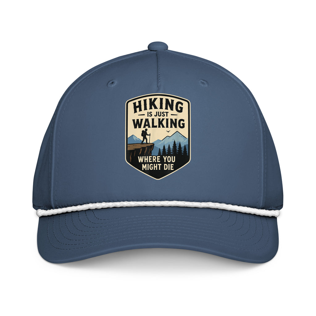 Hiking is just walking where you might die printed light blue rope hat with white rope front view – funny hiking cap