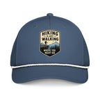 Hiking is just walking where you might die printed light blue rope hat with white rope front view – funny hiking cap