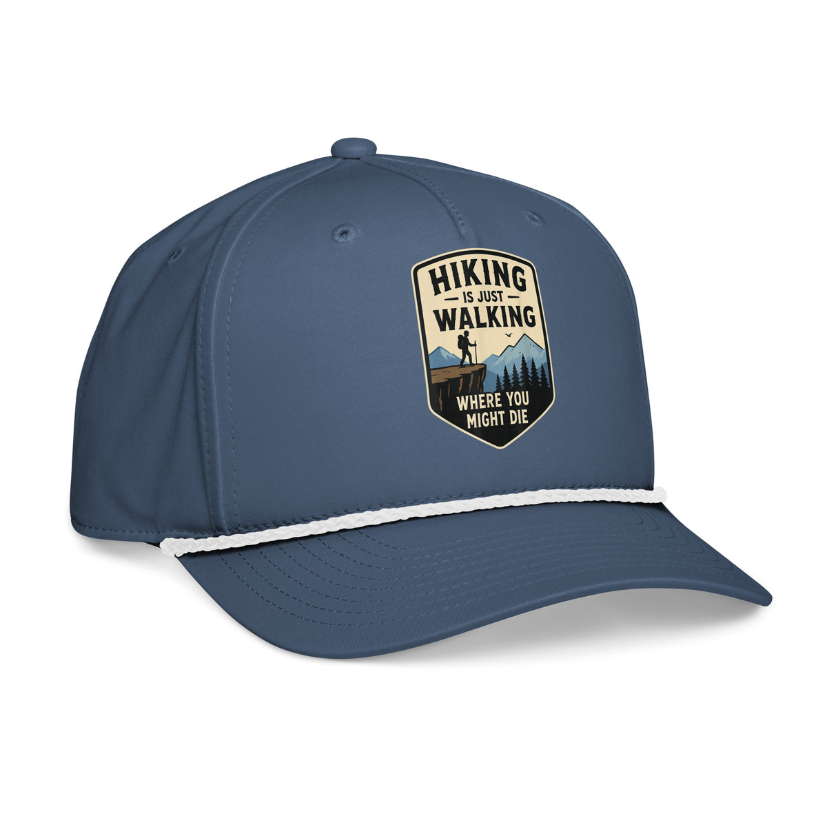 Light blue hiking is just walking where you might die rope hat side view – funny hiking cap