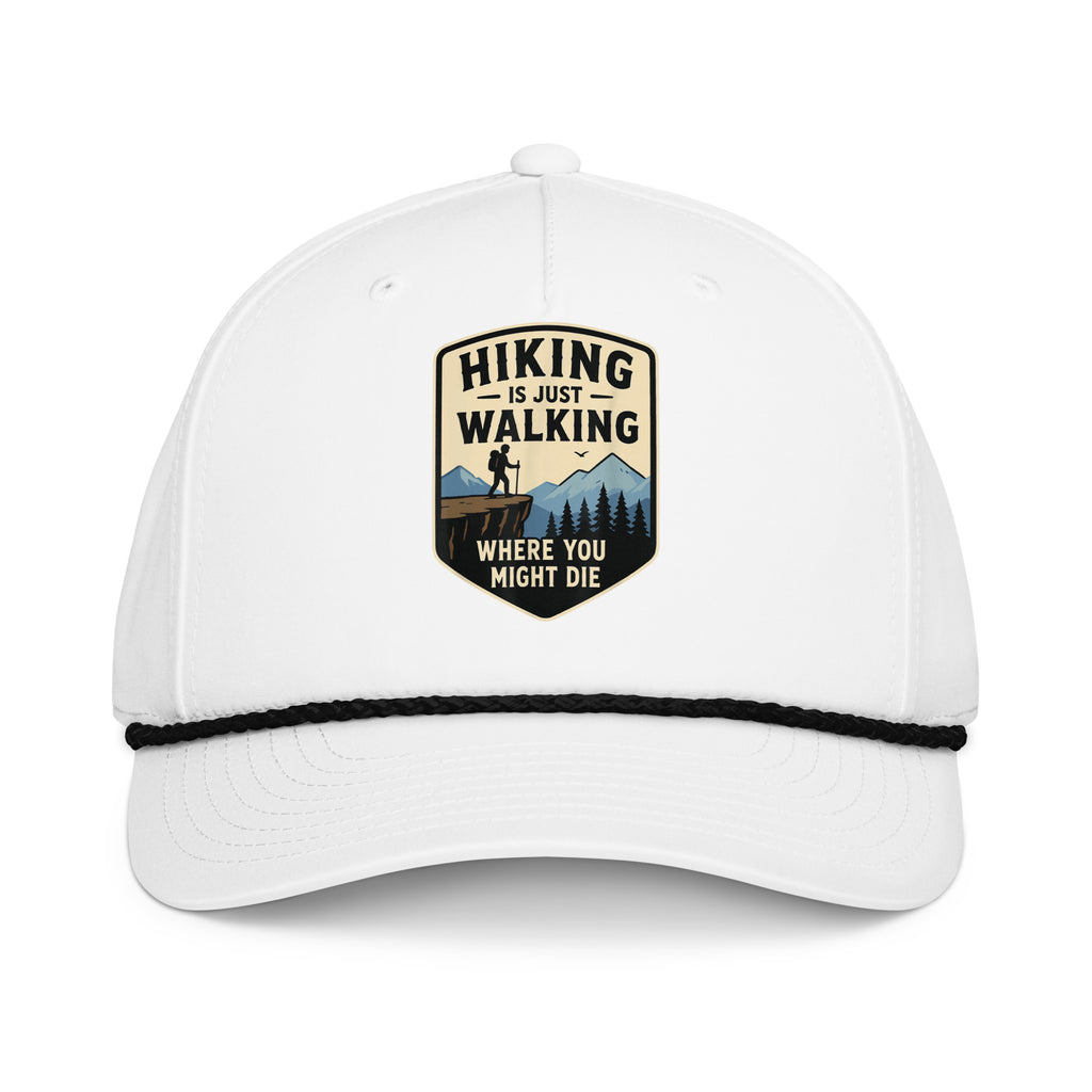 Hiking is just walking where you might die printed white rope hat with black rope front view – funny hiking cap