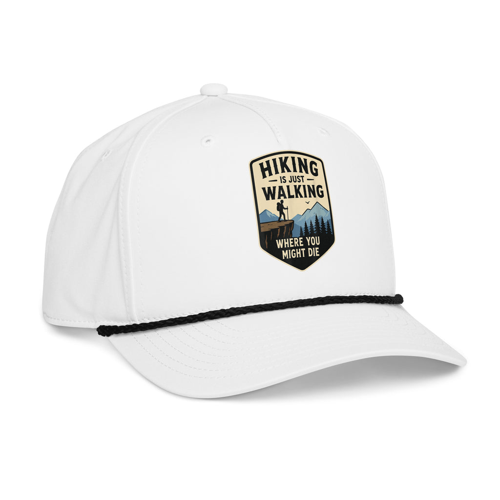 White hiking is just walking where you might die rope hat with black rope side view – funny hiking cap