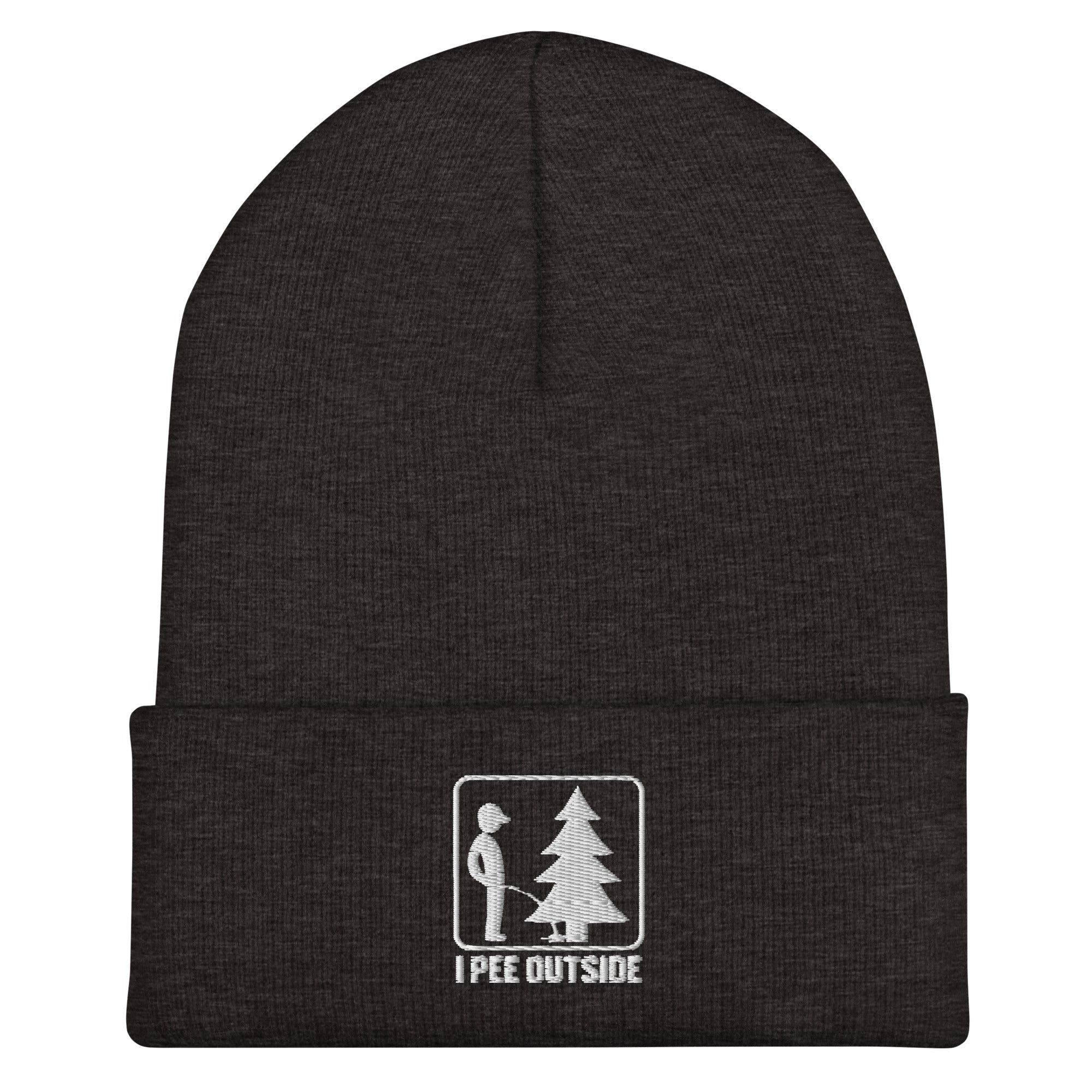 I Pee Outside embroidered dark gray beanie – funny outdoor cold weather hat