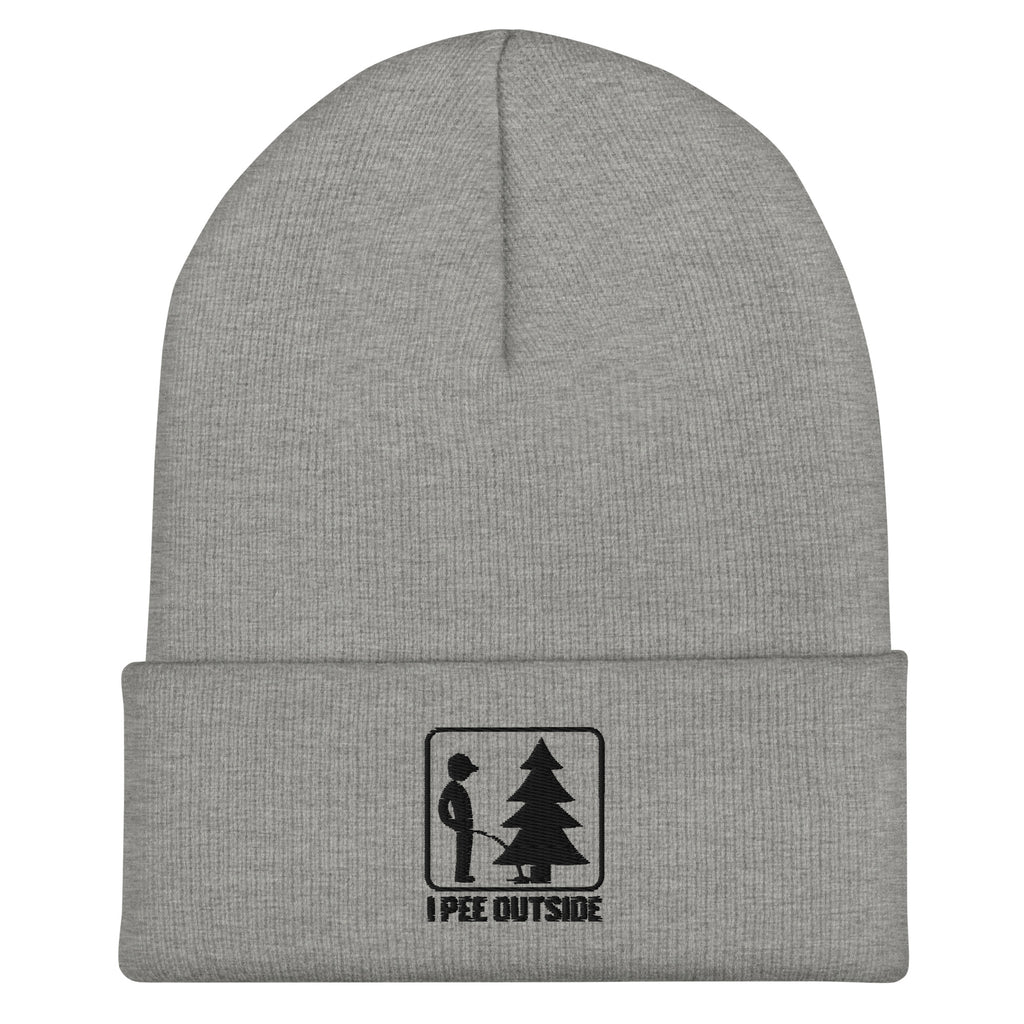 I Pee Outside embroidered gray heather beanie – funny outdoor cuffed hat