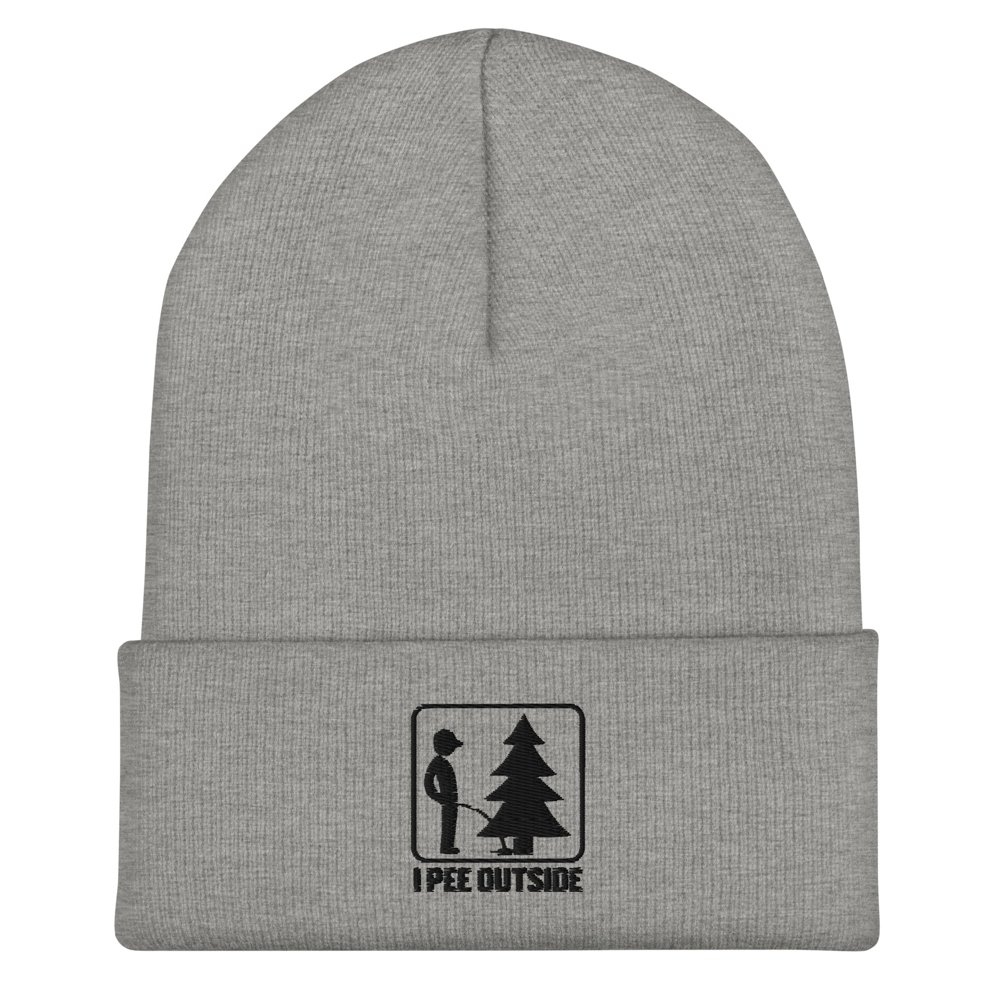 I Pee Outside embroidered gray heather beanie – funny outdoor cuffed hat