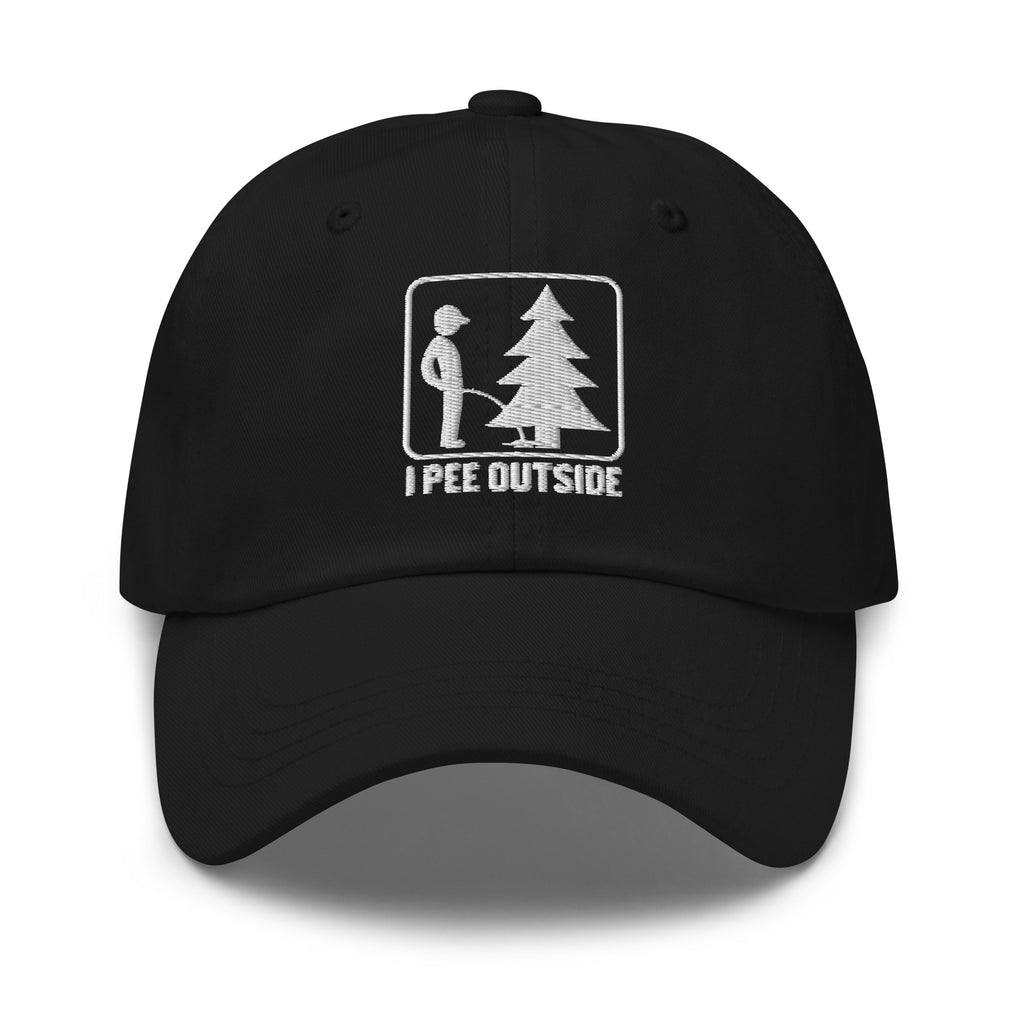 I Pee Outside embroidered black dad hat front view – funny outdoor cap