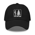 I Pee Outside embroidered black dad hat front view – funny outdoor cap