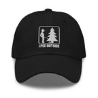 I Pee Outside embroidered black dad hat front view – funny outdoor cap