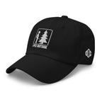 Black I Pee Outside dad hat left side view showing Outdoorz Hats logo embroidery