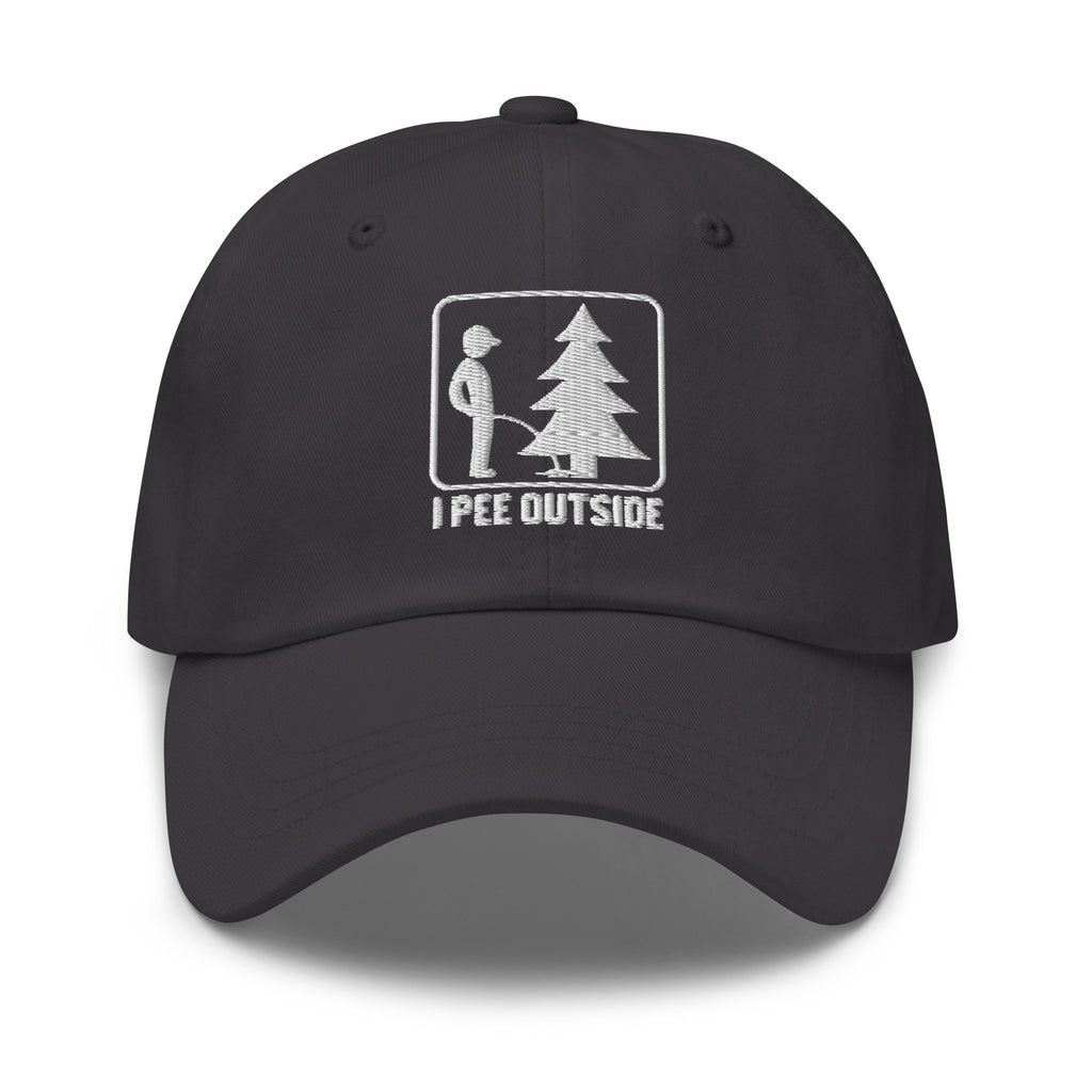 I Pee Outside embroidered dark gray dad hat front view – funny outdoor cap
