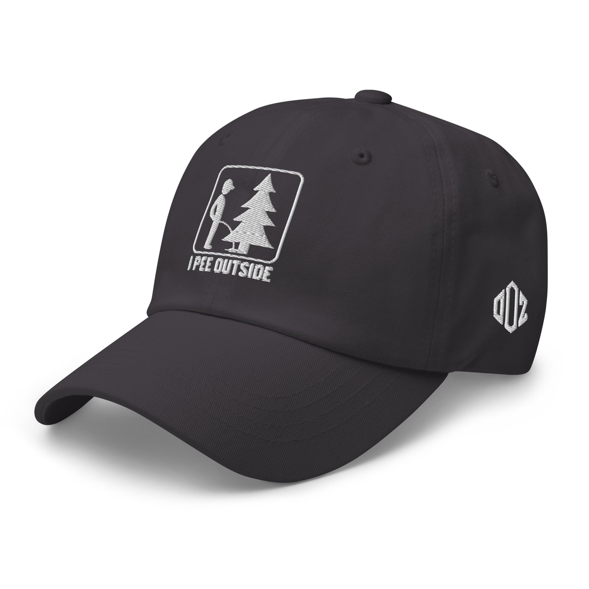 Dark gray I Pee Outside dad hat left side view showing Outdoorz Hats logo embroidery